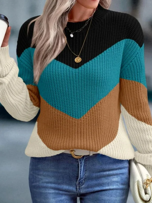 Women's Spring/Fall Color Block Casual Long Sleeve Crew Neck Yarn/Wool Yarn Sweater