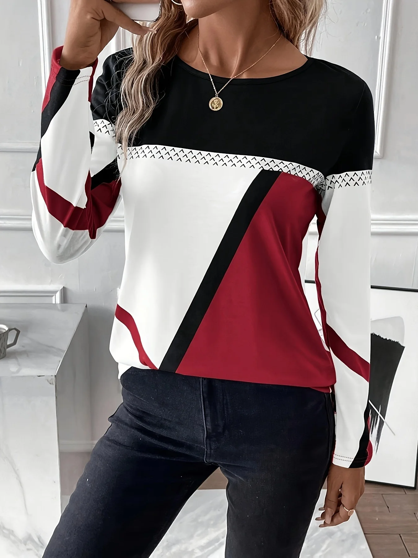 Women's Long Sleeve Blouse Spring/Fall Plaid Jersey Crew Neck Daily Going Out Casual Top