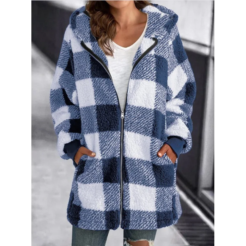 Women's Spring/Fall Outerwear Casual Fluff/Granular Fleece Fabric Zipper Plaid Long Sleeve Hoodie Jacket