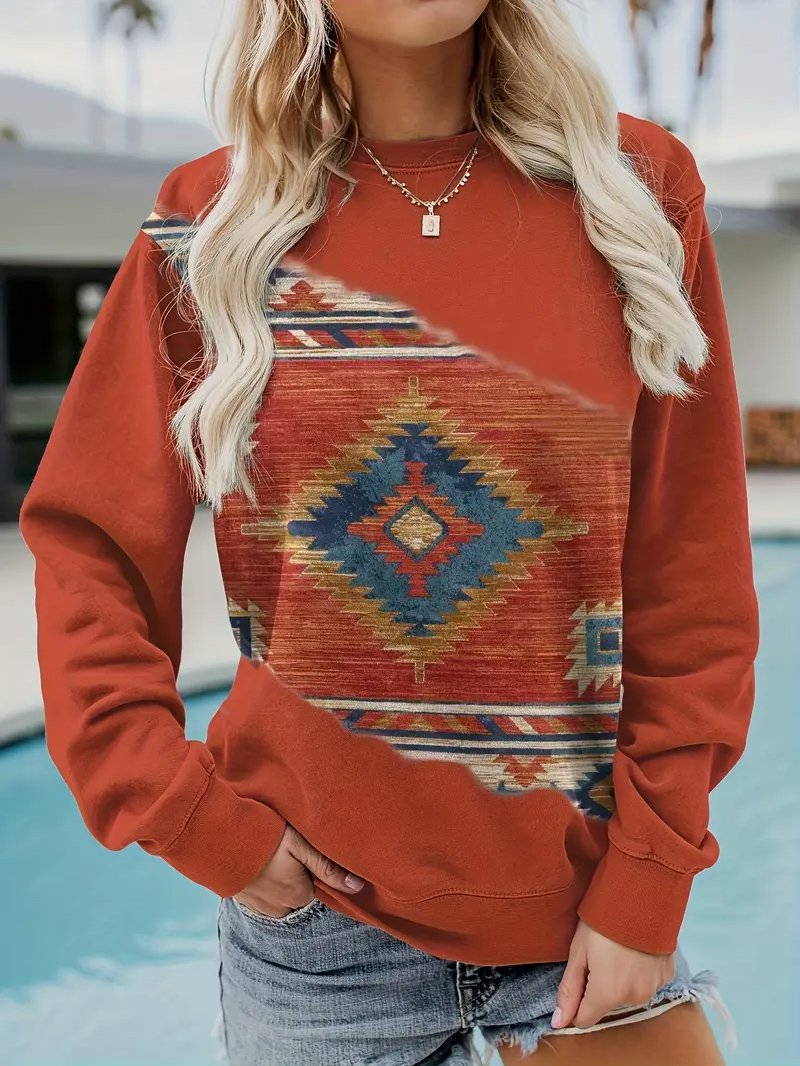 Women's Crew Neck Ethnic Geometry Vintage Spring/Fall Long Sleeve Sweatshirt