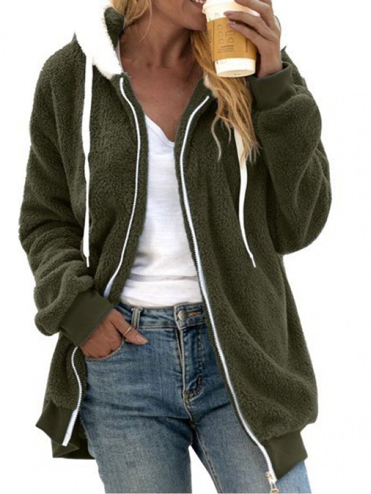 Women's Winter Outerwear Fluff/Granular Fleece Fabric Casual Zipper Plain Long Sleeve Hoodie Fleece Coat