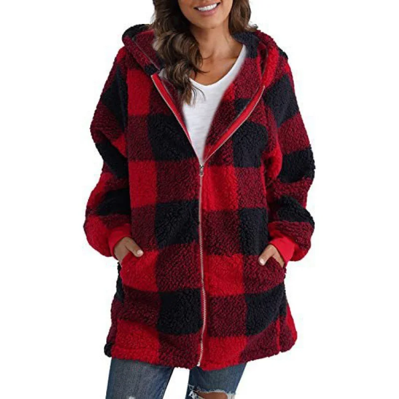 Women's Spring/Fall Outerwear Casual Fluff/Granular Fleece Fabric Zipper Plaid Long Sleeve Hoodie Jacket