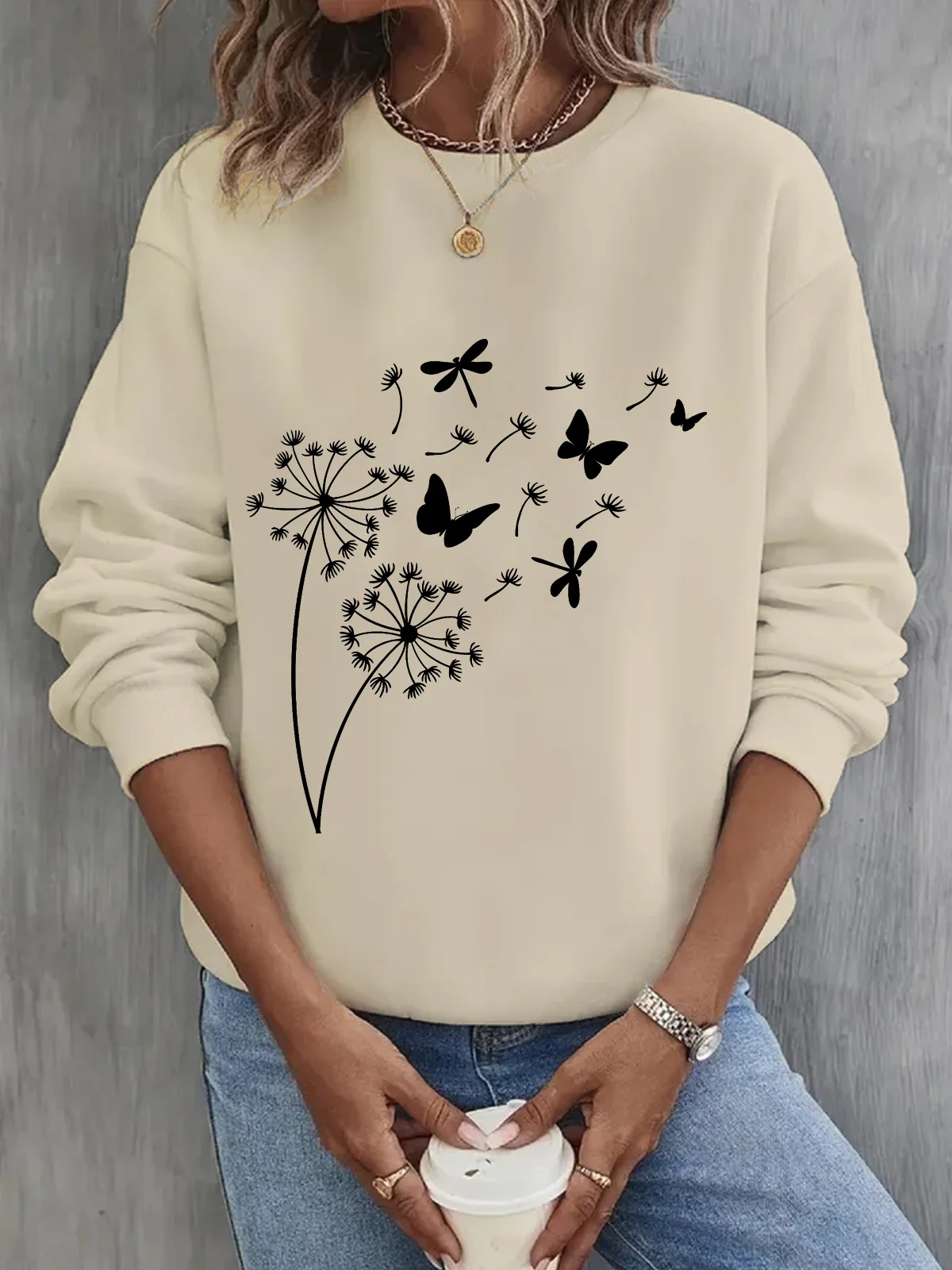 Women's Crew Neck Dandelion Casual Spring/Fall Cotton Long Sleeve Sweatshirt