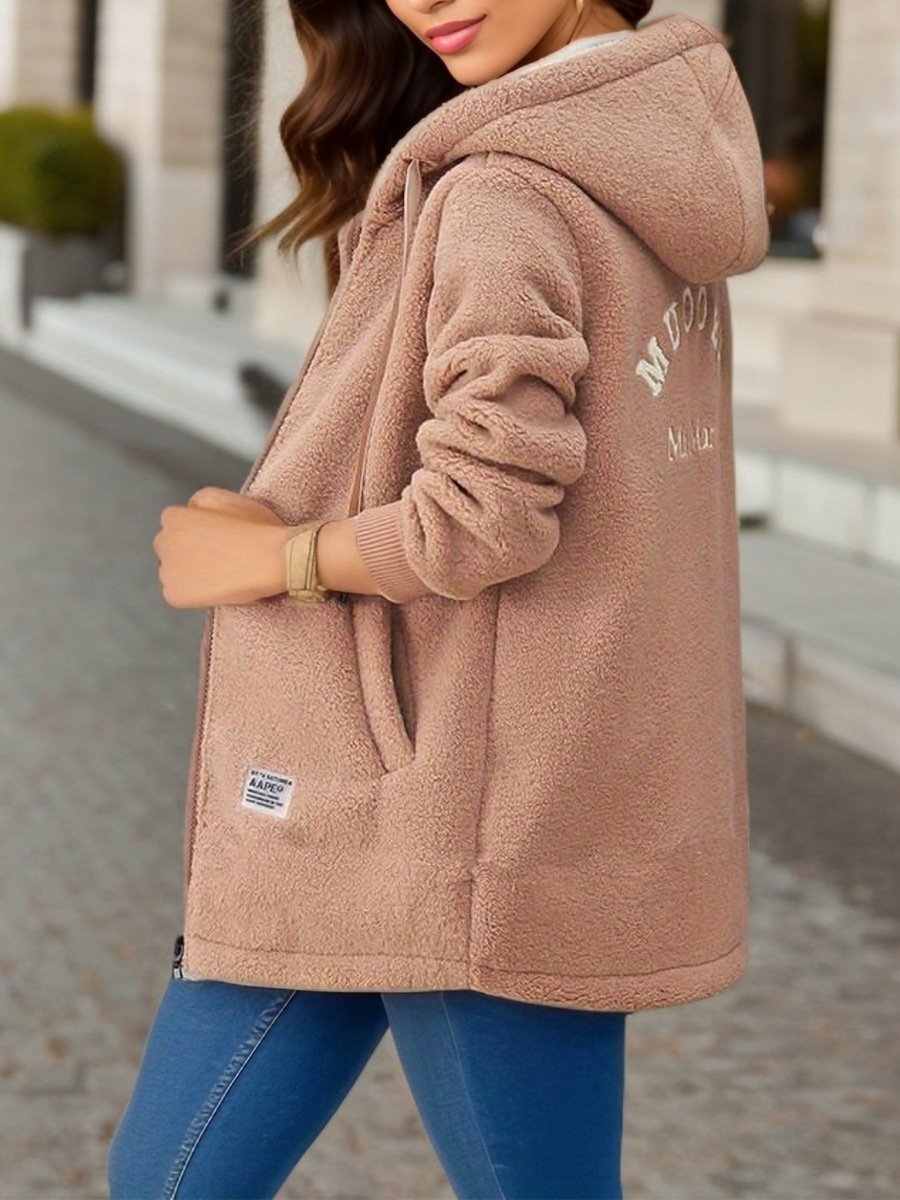 Women's Spring/Fall Outerwear Casual Fluff/Granular Fleece Fabric Plain Long Sleeve Hoodie Jacket