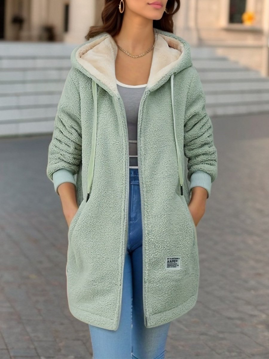 Women's Spring/Fall Outerwear Casual Fluff/Granular Fleece Fabric Plain Long Sleeve Hoodie Jacket