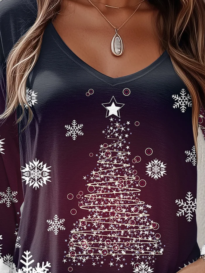 Women's Long Sleeve Tee T-shirt Spring/Fall Christmas Jersey V Neck Holiday Going Out Casual Top