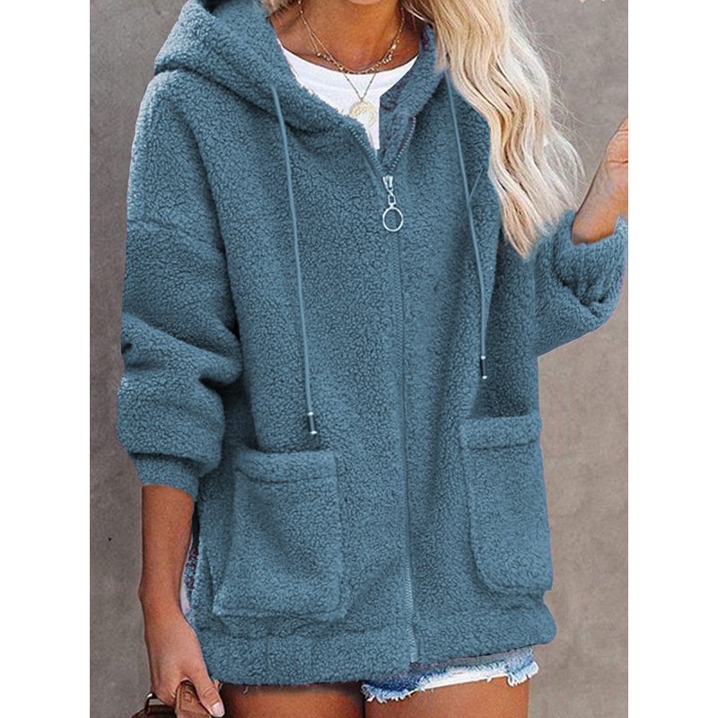 Women's Spring/Fall Outerwear Casual Fluff/Granular Fleece Fabric Plain Long Sleeve Hoodie Jacket