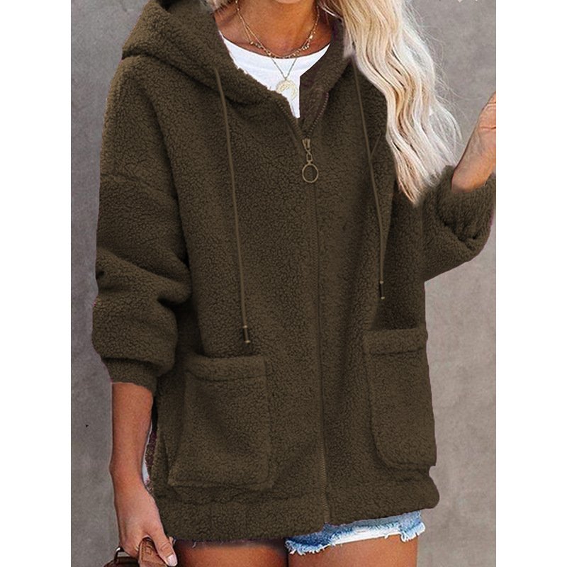 Women's Spring/Fall Outerwear Casual Fluff/Granular Fleece Fabric Plain Long Sleeve Hoodie Jacket