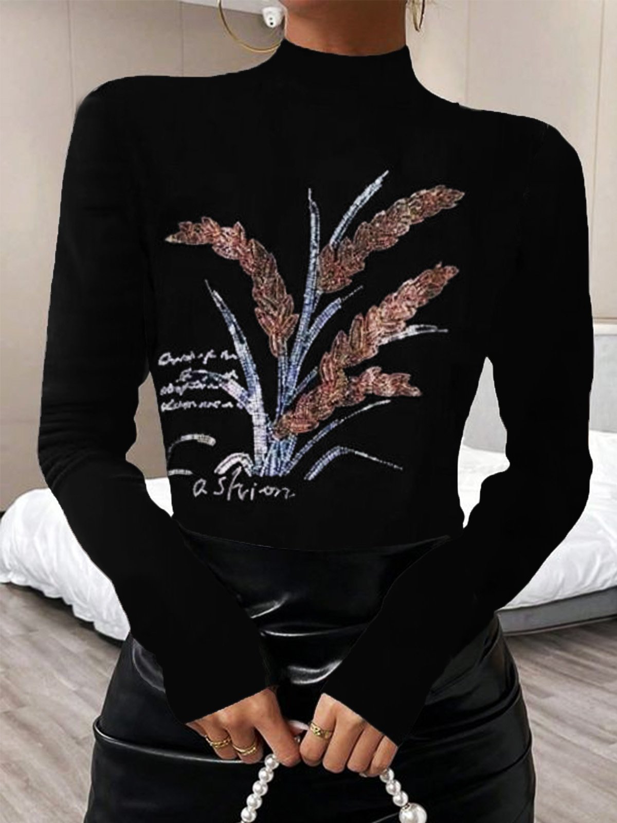 Women's Long Sleeve Blouse Spring/Fall Floral Hot Drilling Mock Neck Daily Going Out Casual Top