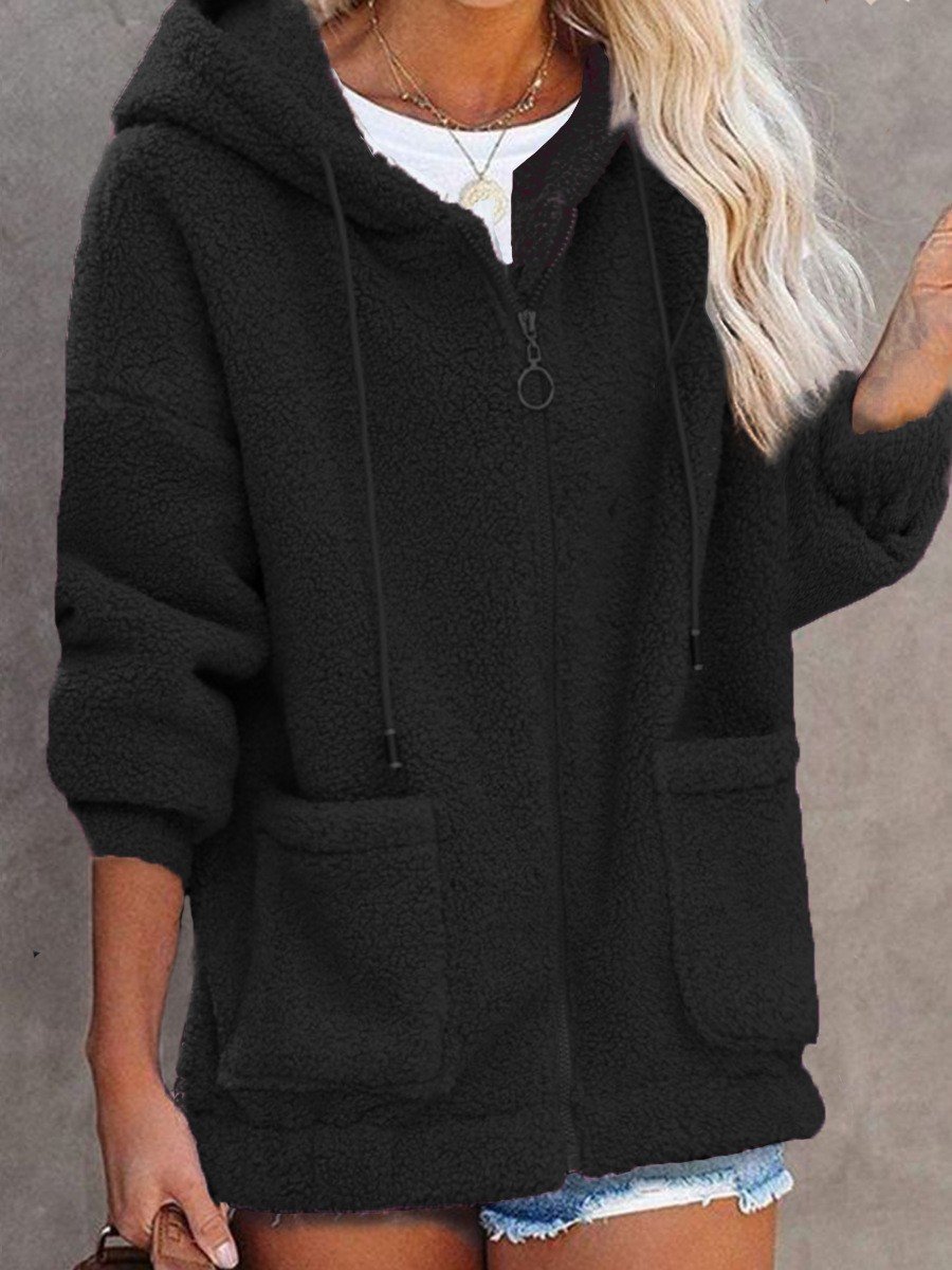 Women's Spring/Fall Outerwear Casual Fluff/Granular Fleece Fabric Plain Long Sleeve Hoodie Jacket