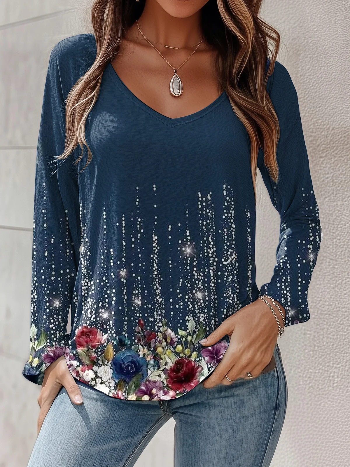 Women's Long Sleeve Tee T-shirt Spring/Fall Floral Jersey V Neck Holiday Going Out Casual Top