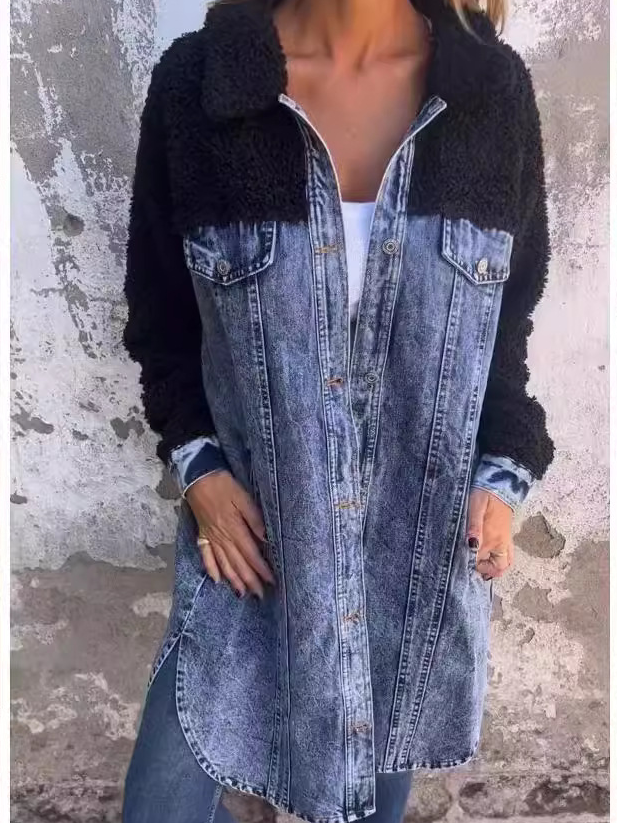 Women's Spring/Fall Outerwear Casual Denim Color Block Long Sleeve Shawl Collar Jacket