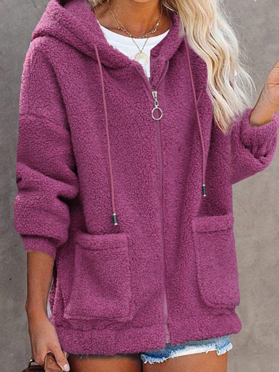 Women's Spring/Fall Outerwear Casual Fluff/Granular Fleece Fabric Plain Long Sleeve Hoodie Jacket