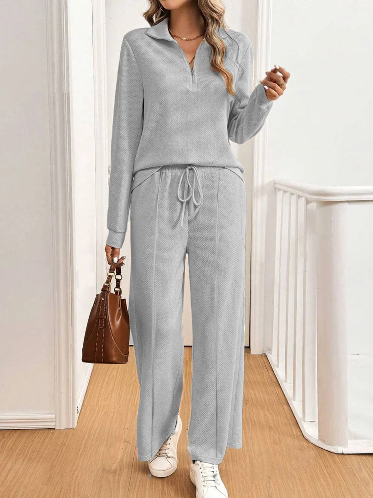 Women's Zipper Plain Daily Going Out Two Piece Set Long Sleeve Casual Spring/Fall Top With Pants Matching Set