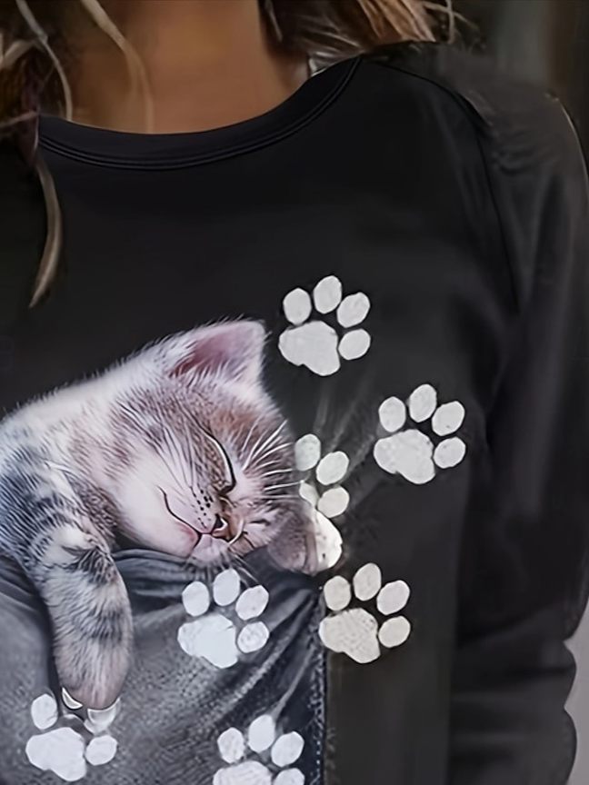 Women's Crew Neck Cat Printing Casual Spring/Fall Long Sleeve Sweatshirt