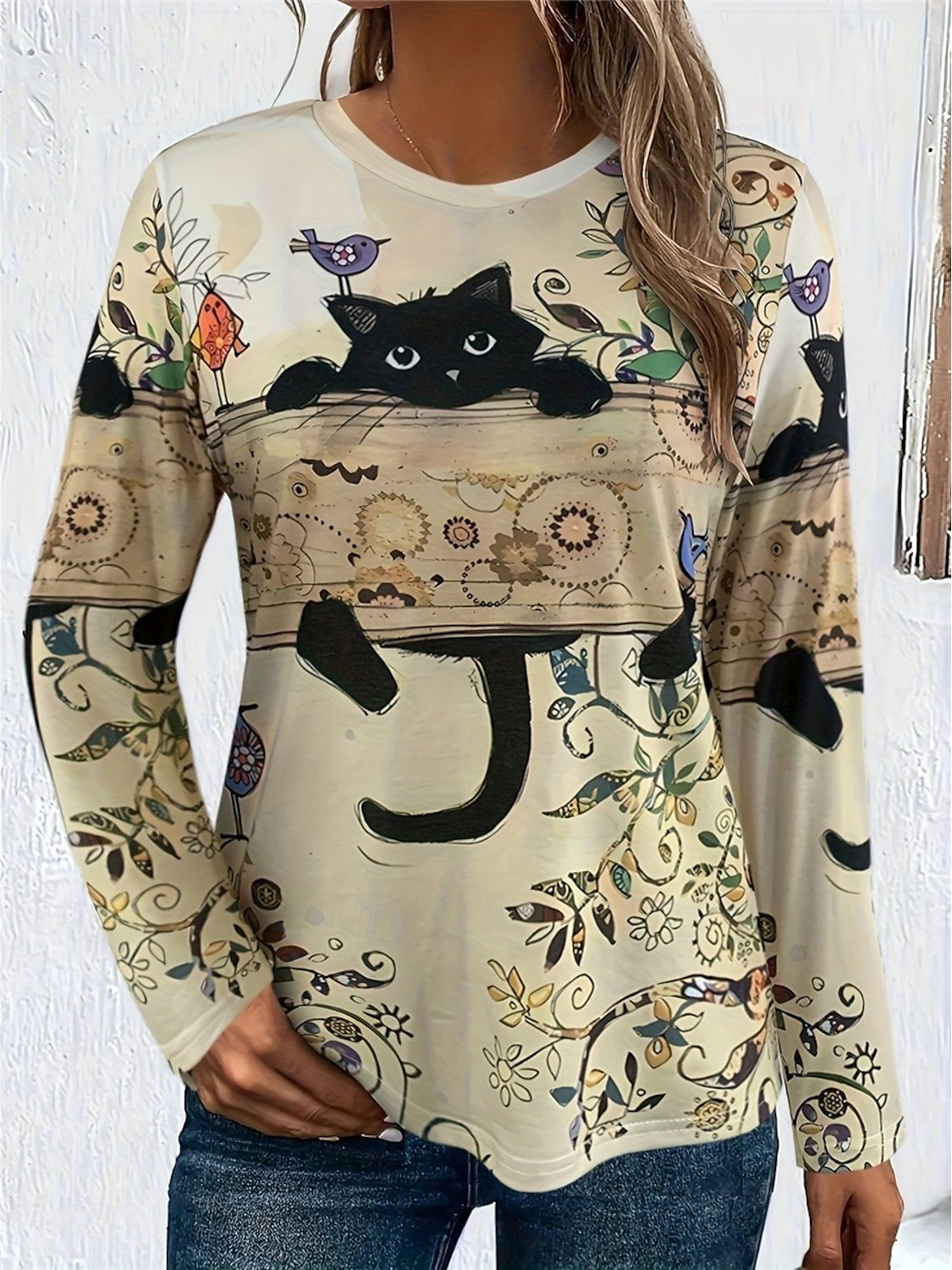 Women's Long Sleeve Tee T-shirt Spring/Fall Random Print Jersey Crew Neck Daily Going Out Casual Top