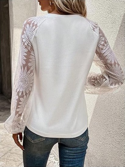 Women's Long Sleeve Blouse Spring/Fall Plain Split Joint Lace Crew Neck Daily Going Out Casual Top