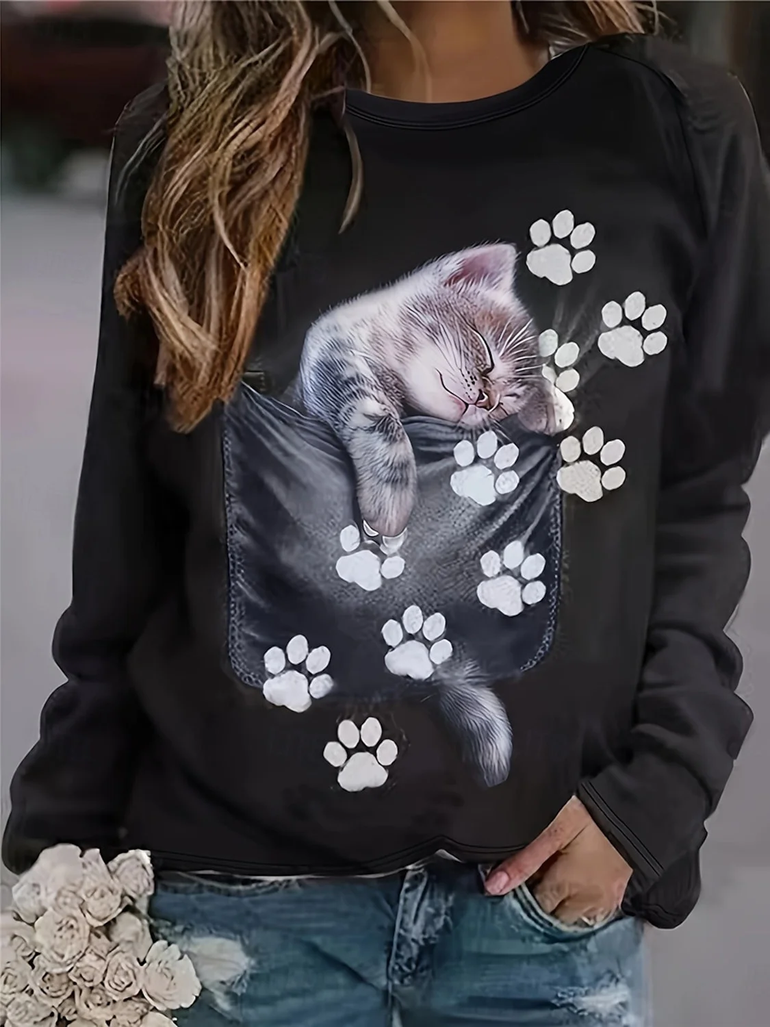 Women's Crew Neck Cat Printing Casual Spring/Fall Long Sleeve Sweatshirt