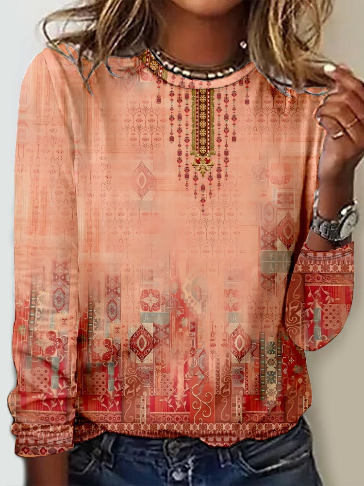 Women's Long Sleeve Tee T-shirt Spring/Fall Ethnic Jersey Crew Neck Daily Going Out Casual Top