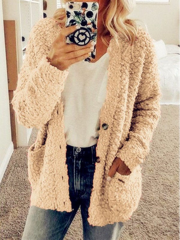 Women's Spring/Fall Outerwear Casual Teddy Velvet Buckle Plain Long Sleeve Wrap Jacket