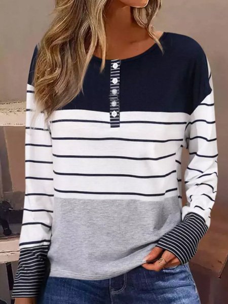 Women's Long Sleeve Blouse Spring/Fall Striped Crew Neck Daily Going Out Casual Top