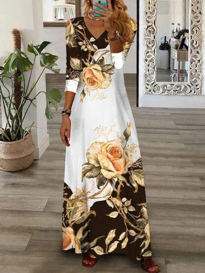 Women's Long Sleeve Spring/Fall Floral Jersey Dress V Neck Daily Going Out Casual Maxi H-Line