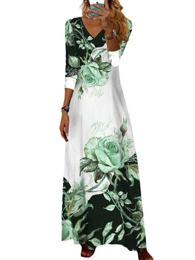 Women's Long Sleeve Spring/Fall Floral Jersey Dress V Neck Daily Going Out Casual Maxi H-Line