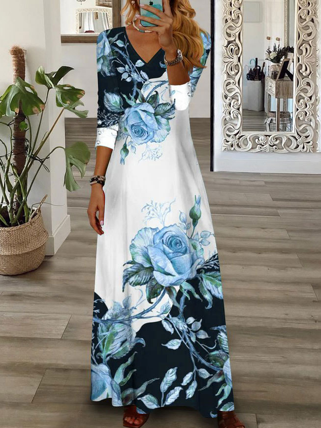 Women's Long Sleeve Spring/Fall Floral Jersey Dress V Neck Daily Going Out Casual Maxi H-Line