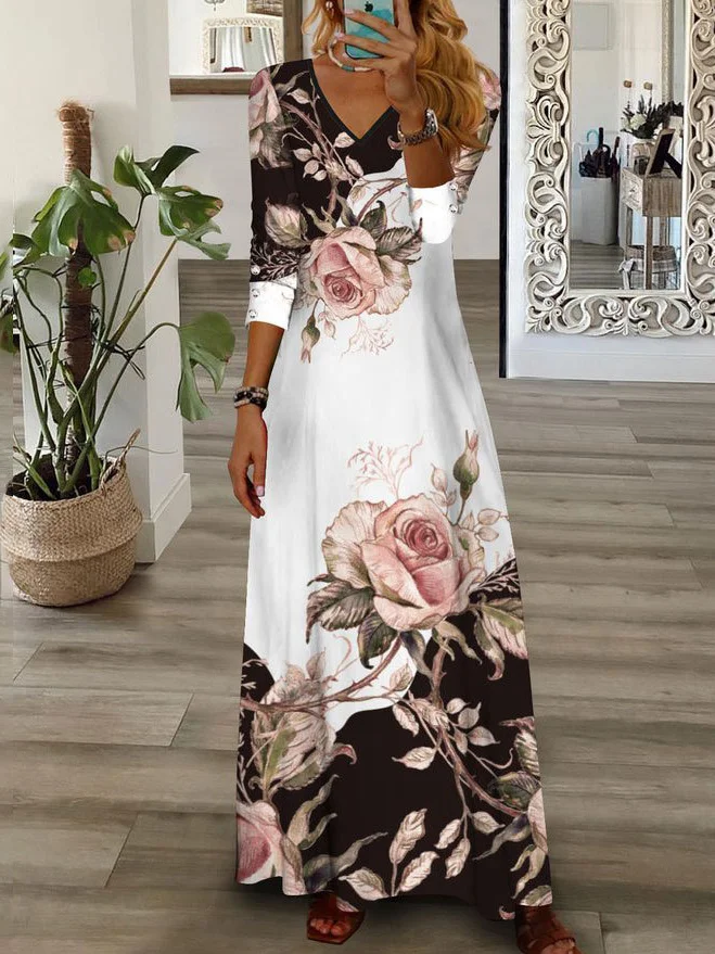 Women's Long Sleeve Spring/Fall Floral Jersey Dress V Neck Daily Going Out Casual Maxi H-Line