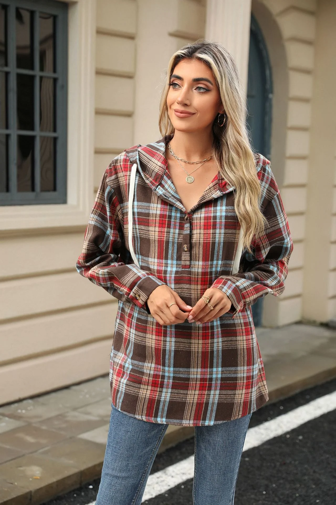 Women's Plaid Spring/Fall Buckle Long Sleeve Casual Daily Hoodie