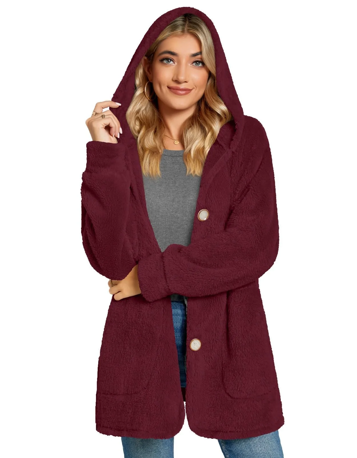 Women's Winter Outerwear Casual Buckle Plain Long Sleeve Hoodie Fleece Coat