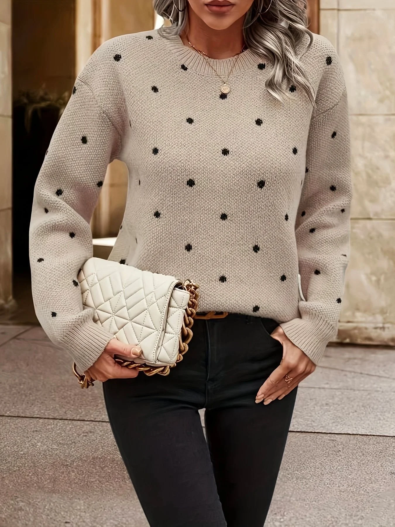 Women's Winter Polka Dots Casual Long Sleeve Crew Neck Wool/Knitting Sweater