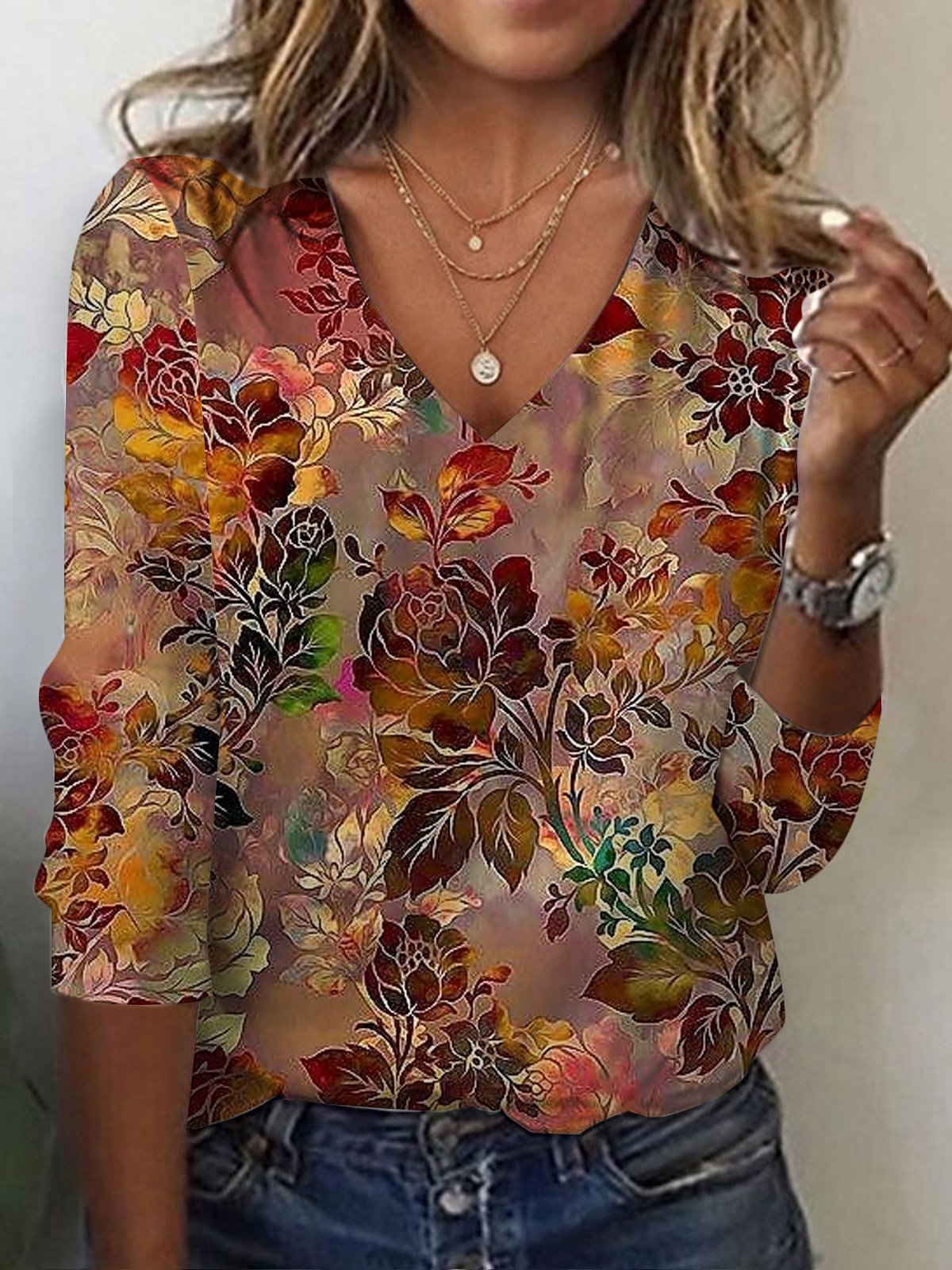 Women's Long Sleeve Tee T-shirt Spring/Fall Floral Jersey V Neck Daily Going Out Casual Top