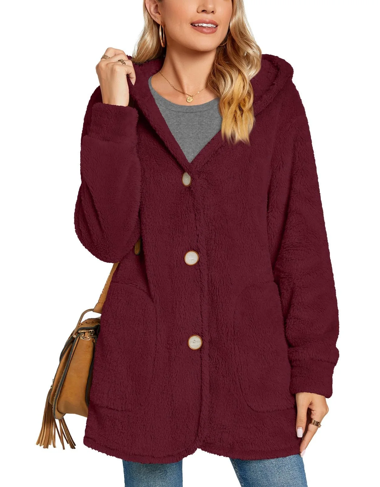 Women's Winter Outerwear Casual Buckle Plain Long Sleeve Hoodie Fleece Coat