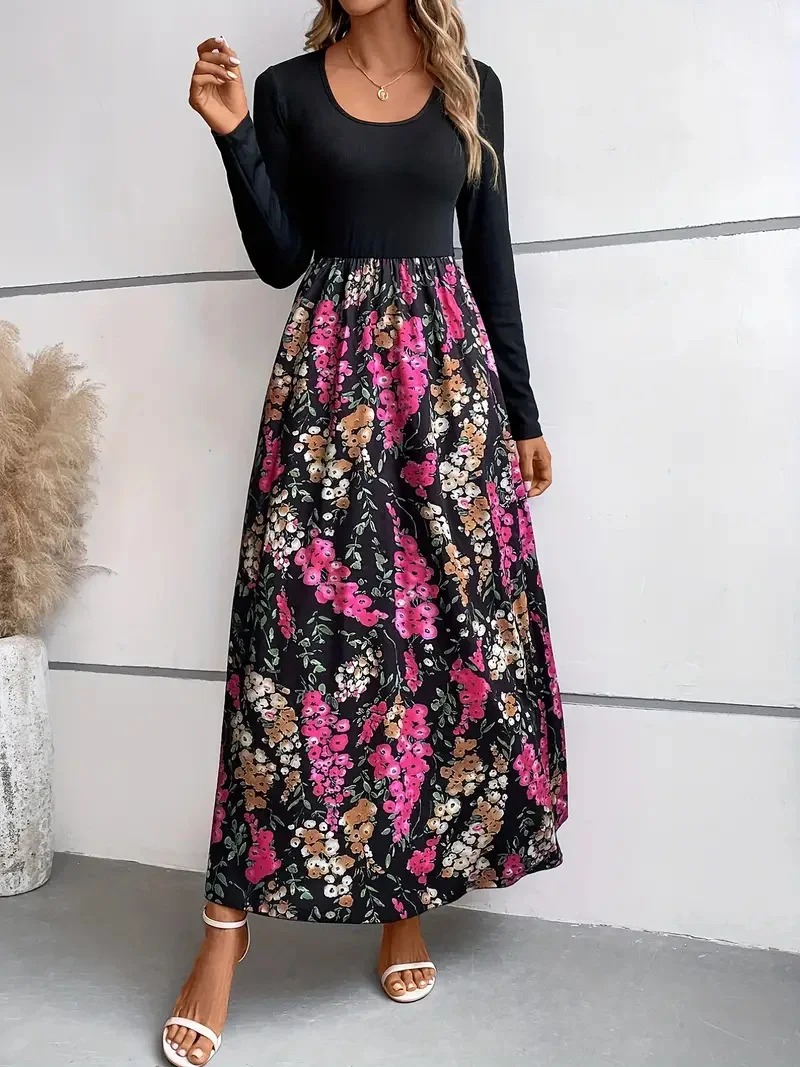 Women's Long Sleeve Spring/Fall Floral Dress Crew Neck Daily Going Out Casual Maxi A-Line