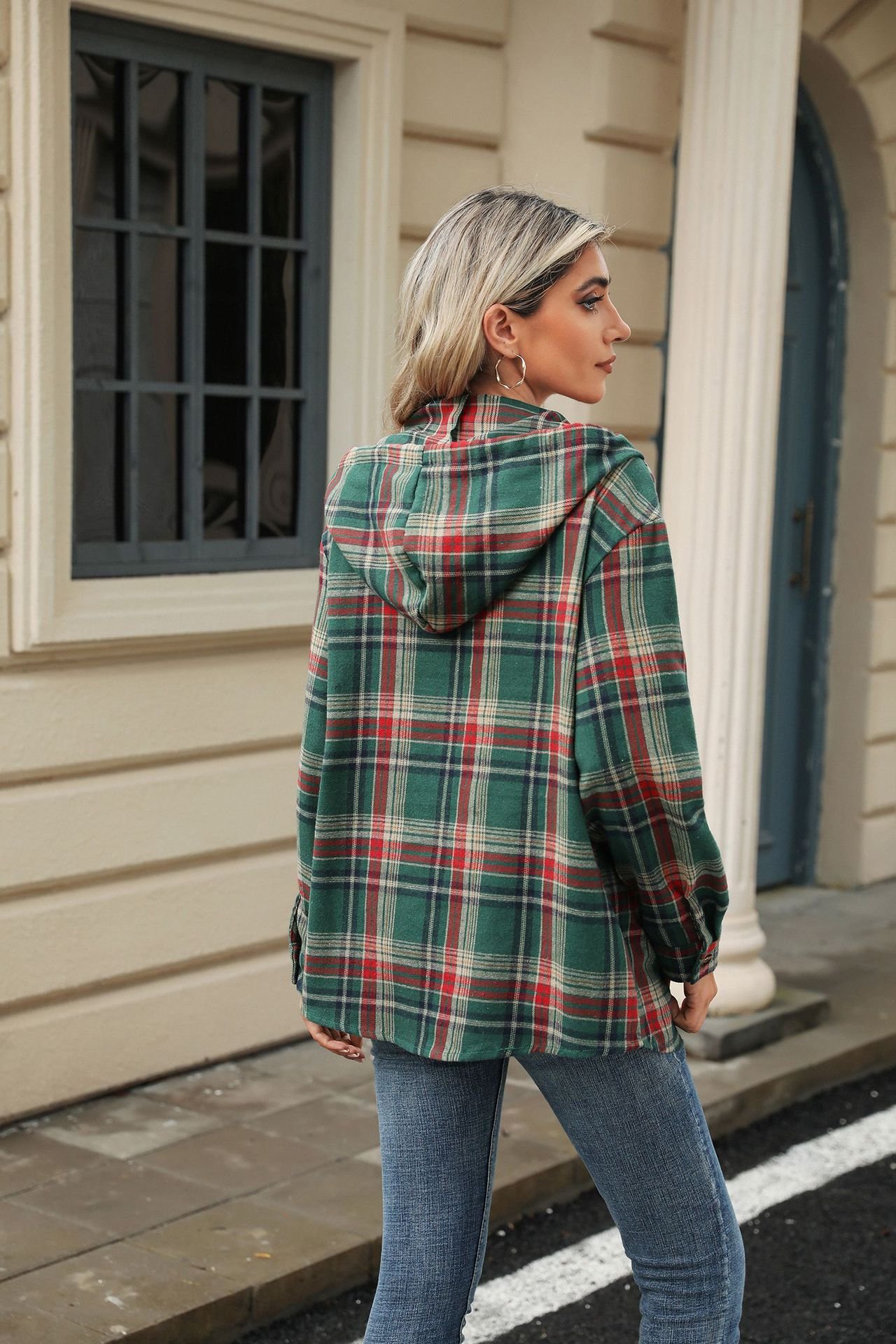 Women's Plaid Spring/Fall Buckle Long Sleeve Casual Daily Hoodie