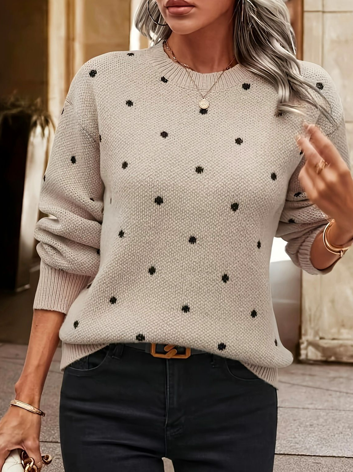 Women's Winter Polka Dots Casual Long Sleeve Crew Neck Wool/Knitting Sweater