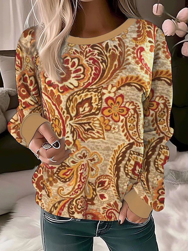 Women's Crew Neck Ethnic Printing Casual Spring/Fall Long Sleeve Sweatshirt