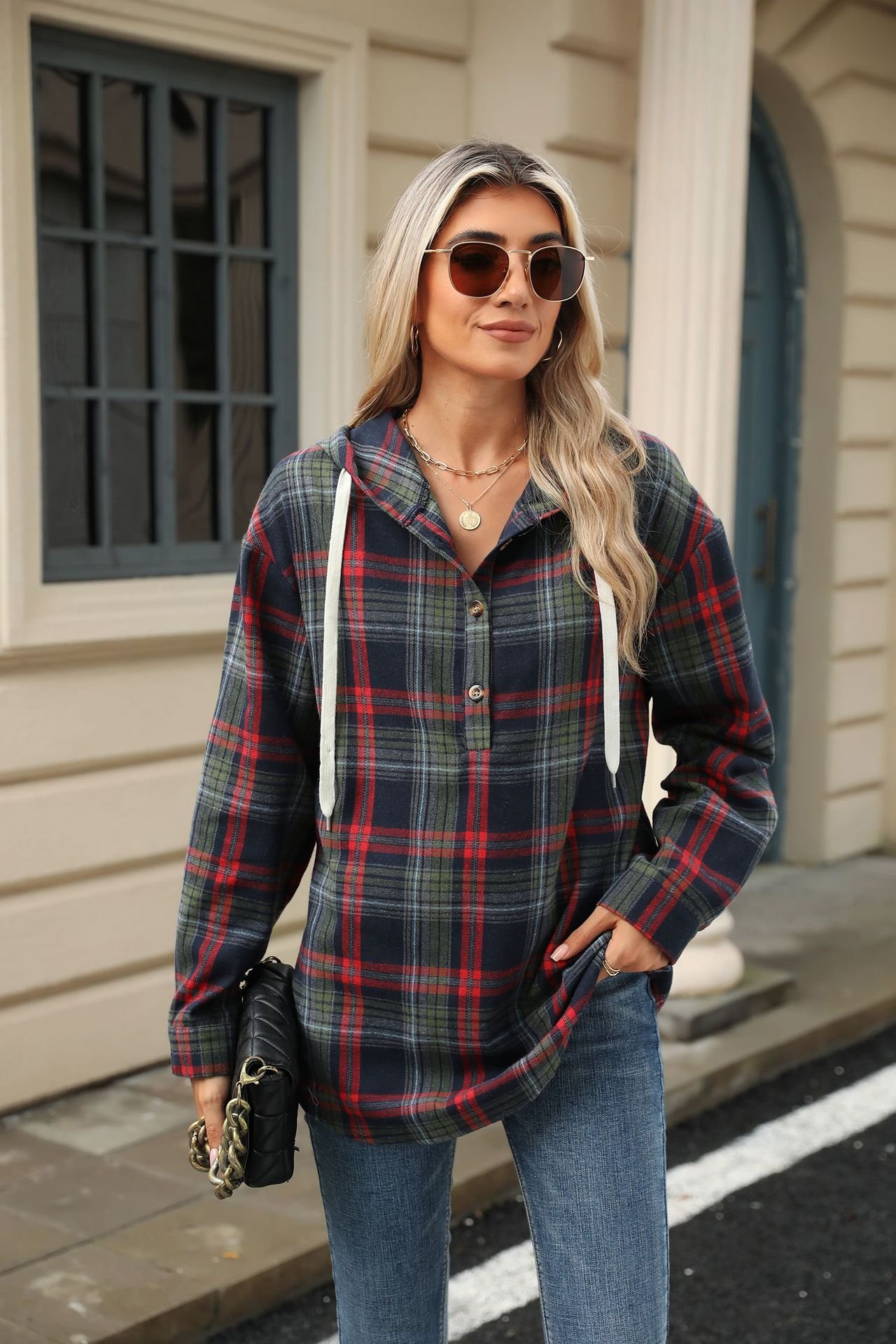 Women's Plaid Spring/Fall Buckle Long Sleeve Casual Daily Hoodie