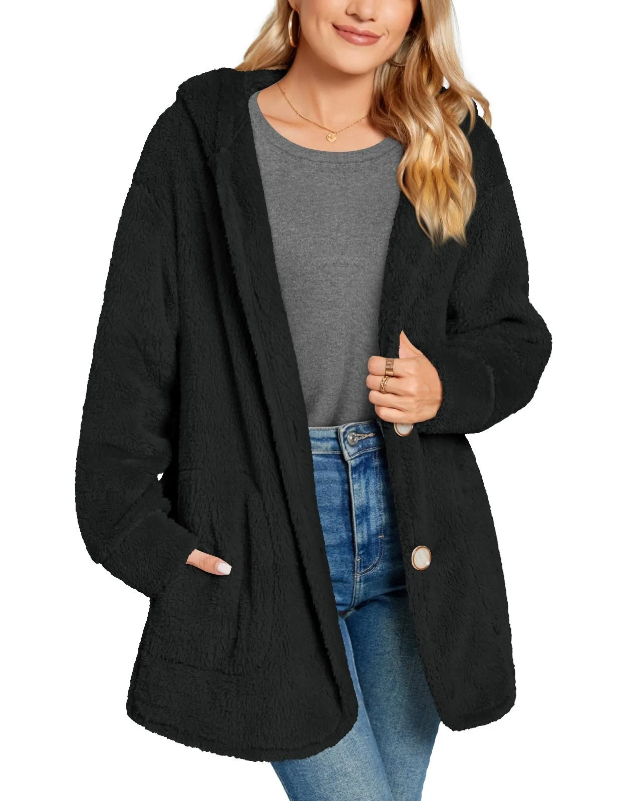 Women's Winter Outerwear Casual Buckle Plain Long Sleeve Hoodie Fleece Coat