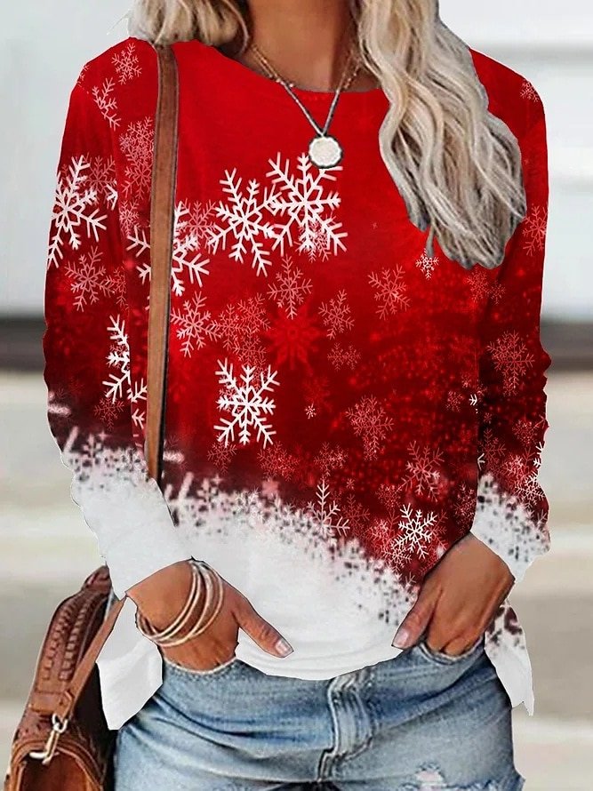 Women's Long Sleeve Tee T-shirt Spring/Fall Snowflake Printing Jersey Crew Neck Holiday Going Out Casual Top