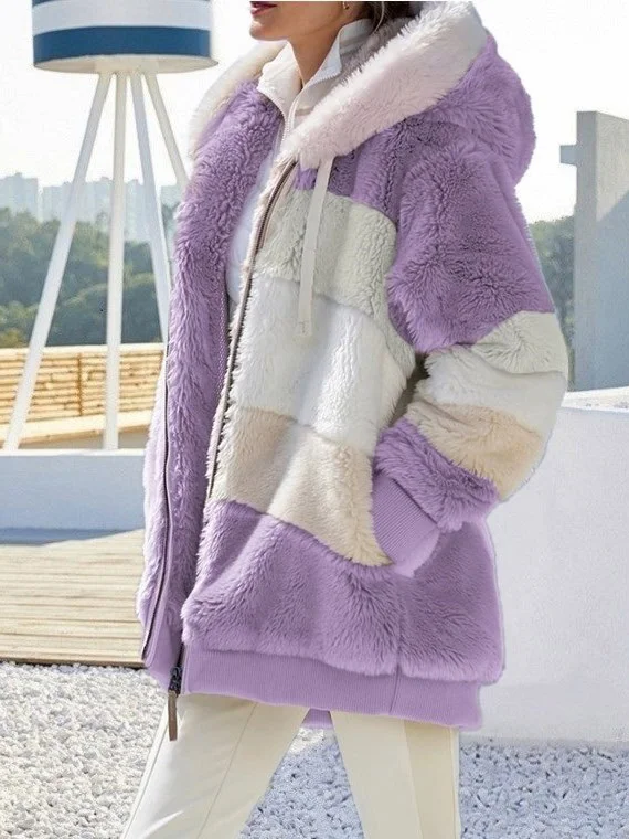 Women's Autumn Outerwear Casual Fluff/Granular Fleece Fabric Contrast Stitching Long Sleeve Hoodie Jacket