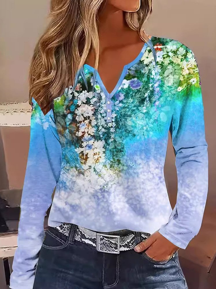 Women's Long Sleeve Blouse Spring/Fall Floral V Neck Daily Going Out Casual Top