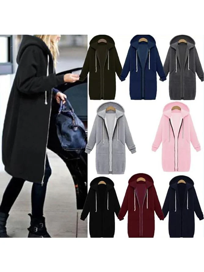 Women's Winter Outerwear Casual Plain Mid-long Hoodie Overcoat