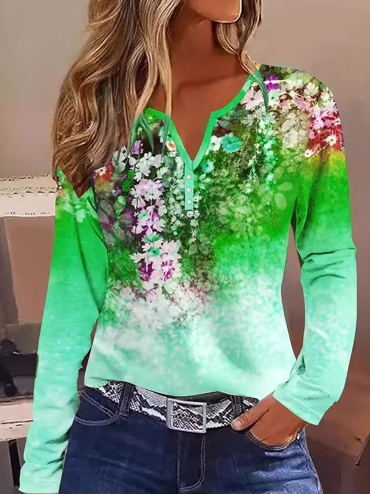 Women's Long Sleeve Blouse Spring/Fall Floral V Neck Daily Going Out Casual Top