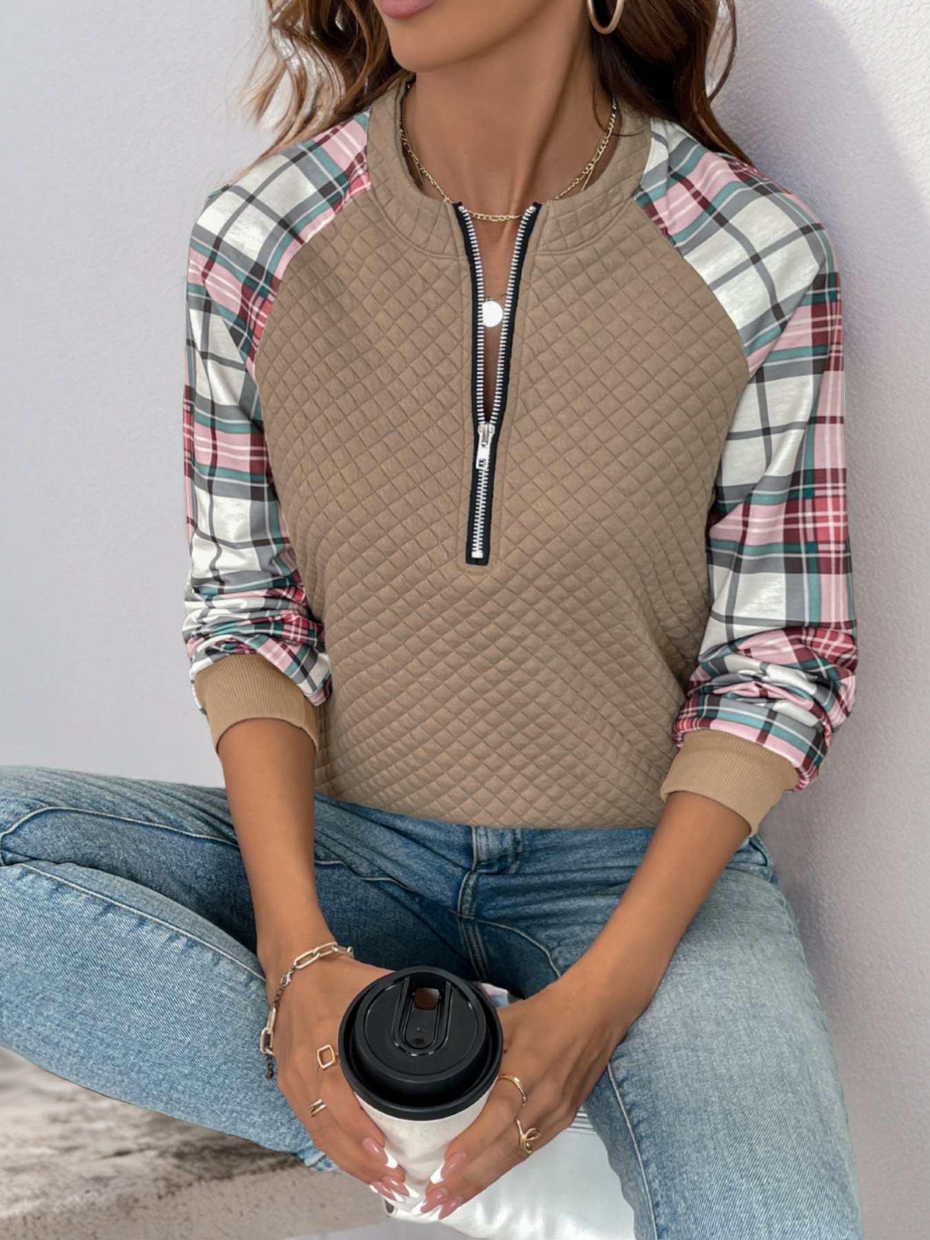 Women's V Neck Plaid Zipper Casual Spring/Fall Long Sleeve Sweatshirt