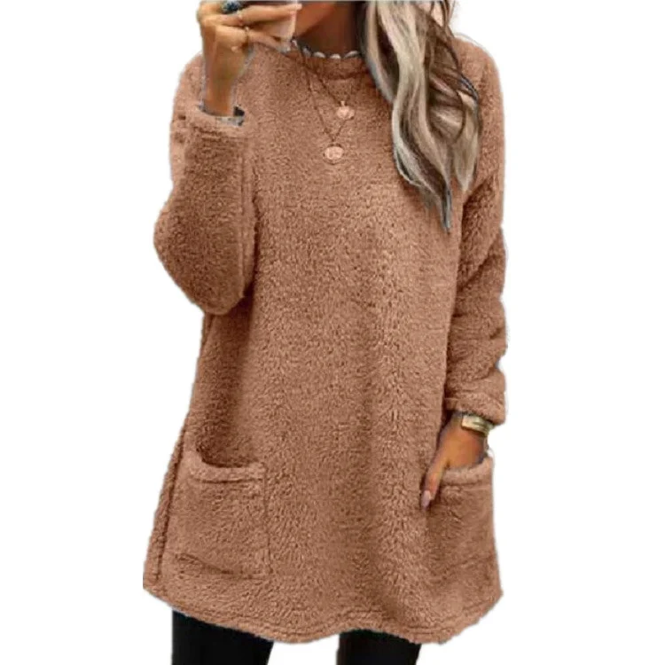 Women's Long Sleeve Spring/Fall Plain Fluff/Granular Fleece Fabric Dress Crew Neck Daily Going Out Casual Midi H-Line