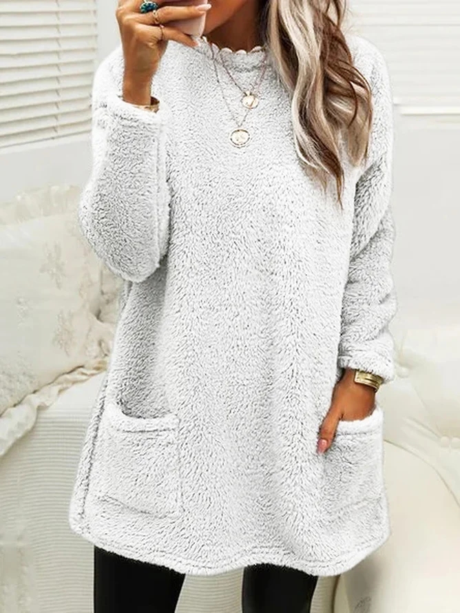 Women's Long Sleeve Spring/Fall Plain Fluff/Granular Fleece Fabric Dress Crew Neck Daily Going Out Casual Midi H-Line