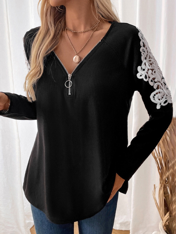 Women's Long Sleeve Blouse Spring/Fall Plain Zipper V Neck Daily Going Out Casual Top