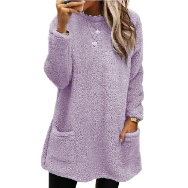 Women's Long Sleeve Spring/Fall Plain Fluff/Granular Fleece Fabric Dress Crew Neck Daily Going Out Casual Midi H-Line